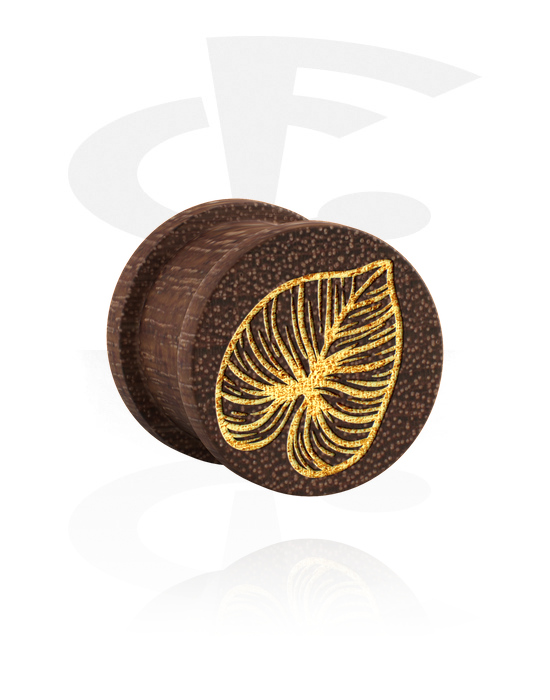 Tunnels & Plugs, Ribbed plug (wood) with laser engraving "golden leaf", Wood