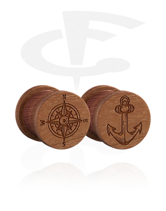 Tunnlar & Pluggar, 1 pair ribbed plugs (wood) med laser engraving "anchor and compass", Trä