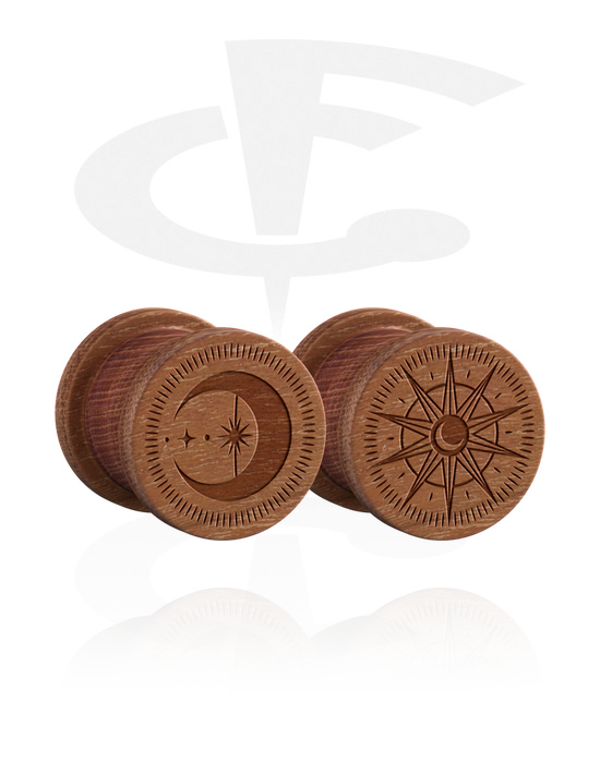 Tunnels & Plugs, 1 pair ribbed plugs (wood) with laser engraving "sun and moon", Wood