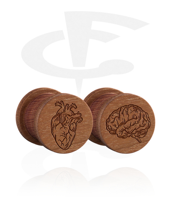 Tunnels & Plugs, 1 pair ribbed plugs (wood) with laser engraving "heart and brain", Wood
