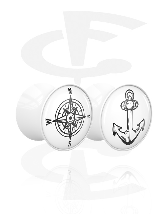 Tunnels & Plugs, 1 pair double flared plugs (acrylic, white) with motif "anchor and compass", Acrylic