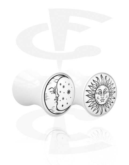 Tunnelit & plugit, 1 pair double flared plugs (acrylic, white) kanssa sun and moon design, Akryyli