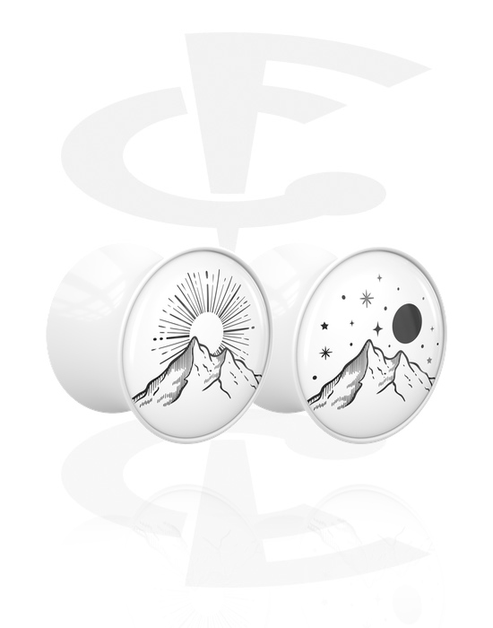 Tunnlar & Pluggar, 1 pair double flared plugs (acrylic, white) med motif "mountains", Akryl