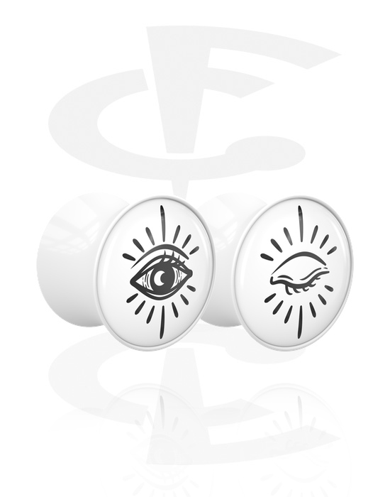Tunnlar & Pluggar, 1 pair double flared plugs (acrylic, white) med motif "eyes", Akryl