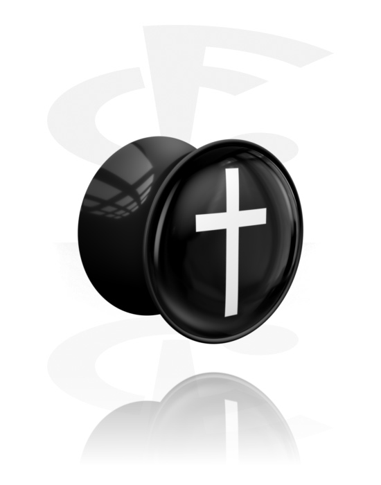 Tunele & plugi, Double flared plug (acrylic, black) z cross design, Akryl