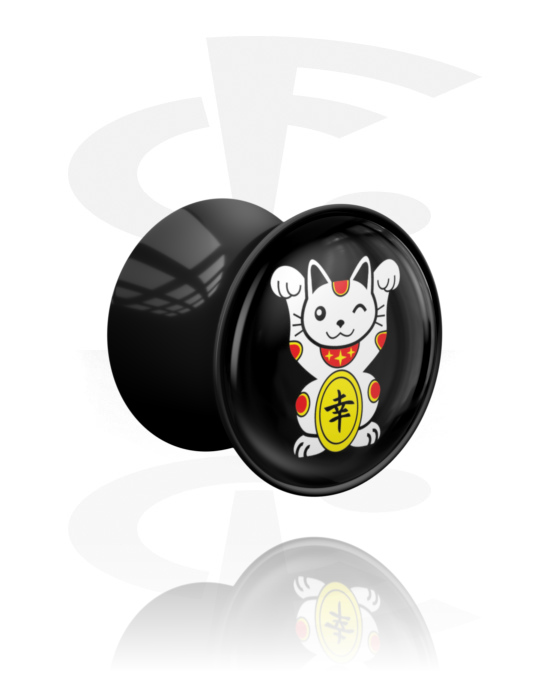 Tunnels & Plugs, Double Flared Plug with motif "lucky cat", Acrylic