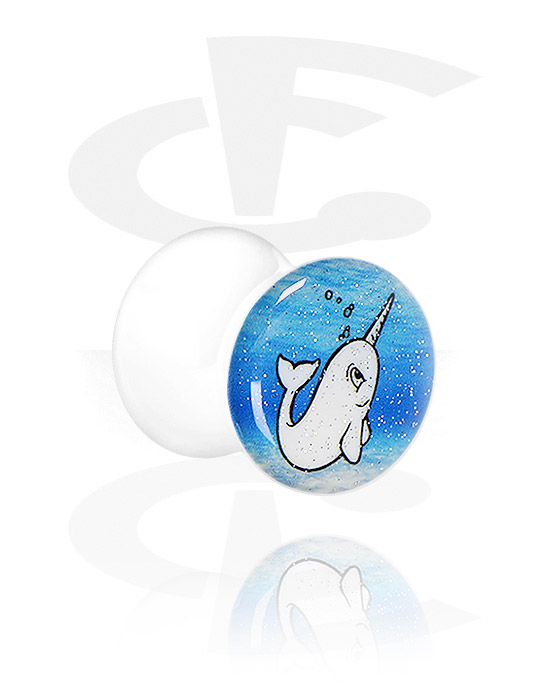 Tunnels & Plugs, Double flared plug (acrylic, white) with motif "narwhal" and glitter, Acrylic