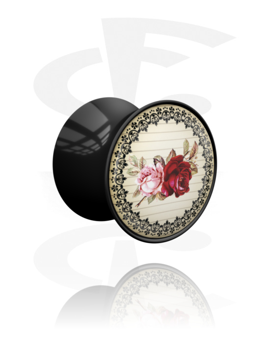 Tunely & plugy, Double flared plug (acrylic, black) s Motív vintage kvetina, Akryl