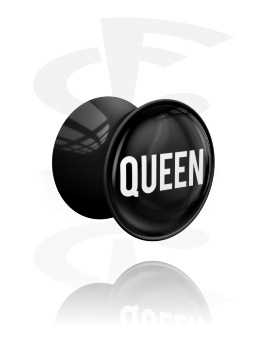 Tuneli & čepovi, Double flared plug (acrylic, black) s "Queen" lettering, Akril