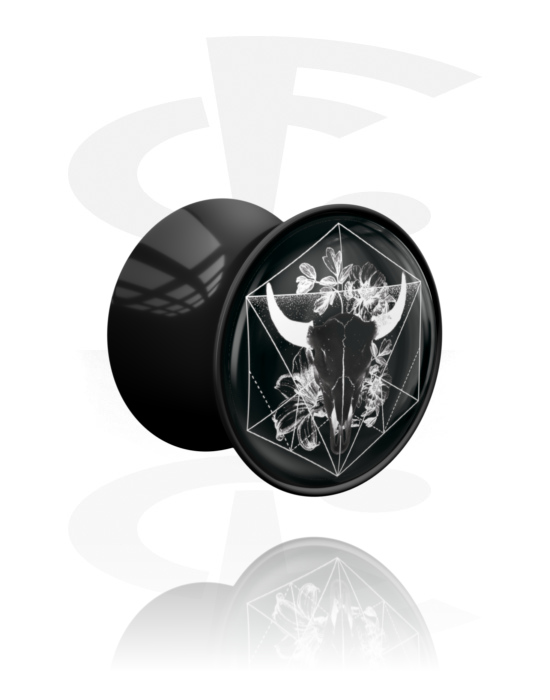Tuneli & čepovi, Double flared plug (acrylic, black) s ram skull design, Akril