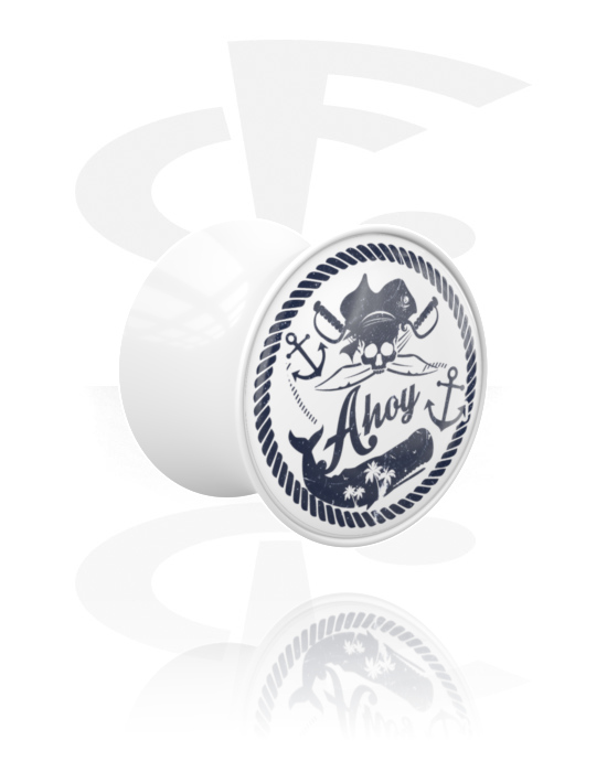 Tunnels & Plugs, Double flared plug (acrylic, white) with "Ahoy" lettering, Acrylic