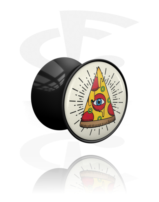 Tuneli & čepovi, Double flared plug (acrylic, black) s pizza slice motif, Akril