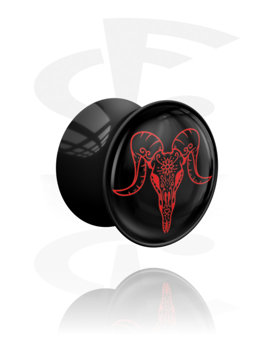 Tunely & plugy, Double flared plug (acrylic, black) s bull skull design , Akryl