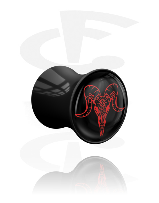 Tunneler & plugger, Double flared plug (acrylic, black) med bull skull design , Acrylic