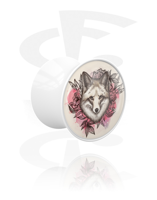 Tunnelit & plugit, Double flared plug (acrylic, white) kanssa motif "wolf and roses", Akryyli