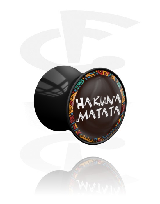 Tunnels & Plugs, Double flared plug (acrylic, black) with "Hakuna Matata" lettering, Acrylic