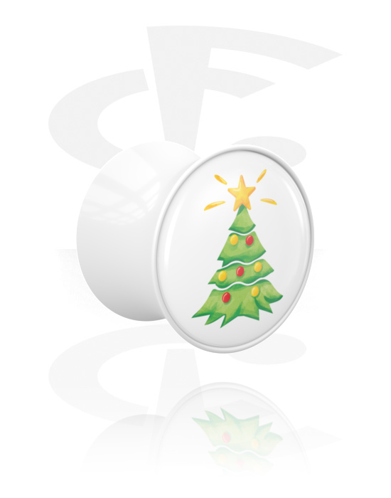 Tunnlar & Pluggar, Double flared plug (acrylic, white) med Christmas tree design, Akryl