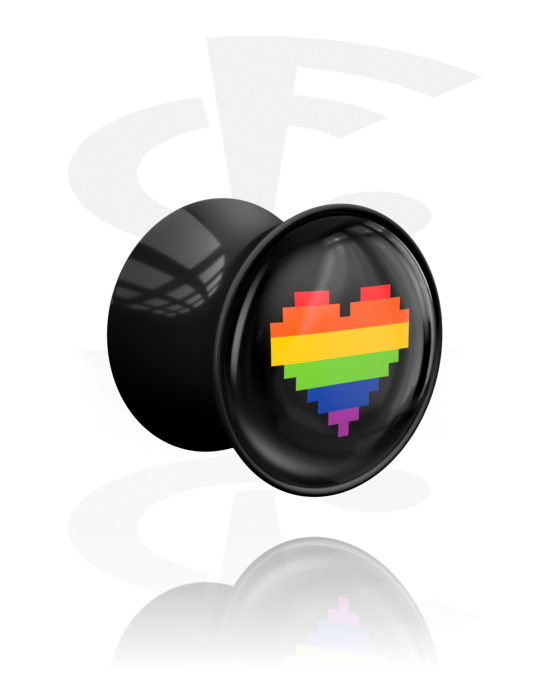 Tunnlar & Pluggar, Double flared plug (acrylic, black) med heart motif in rainbow colours, Akryl