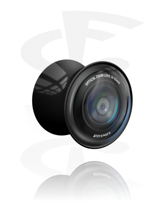 Tunnlar & Pluggar, Double flared plug (acrylic, black) med camera lens design, Akryl