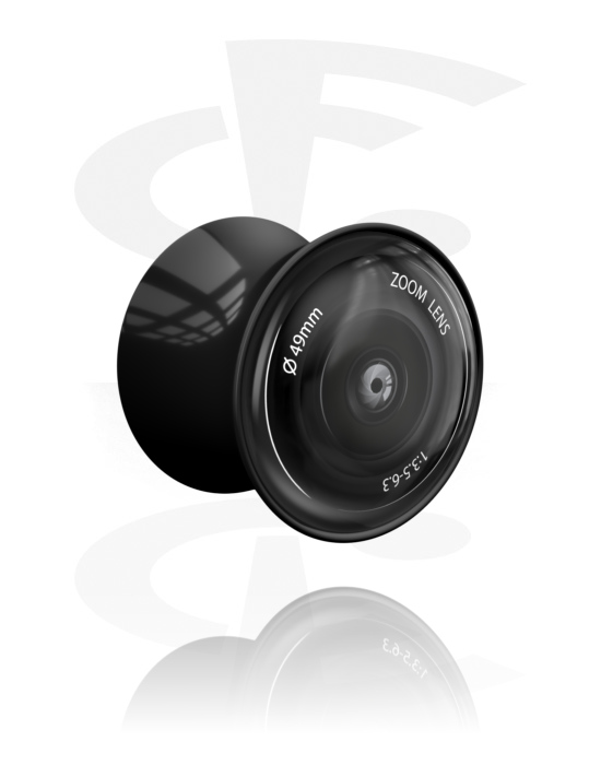 Tunnels & Plugs, Double flared plug (acrylic, black) with camera lens design, Acrylic