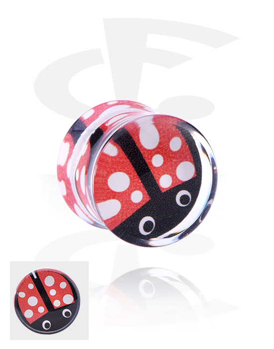 Tunely & plugy, Double flared plug (acrylic, clear) s inlay with lady bug design, Akryl