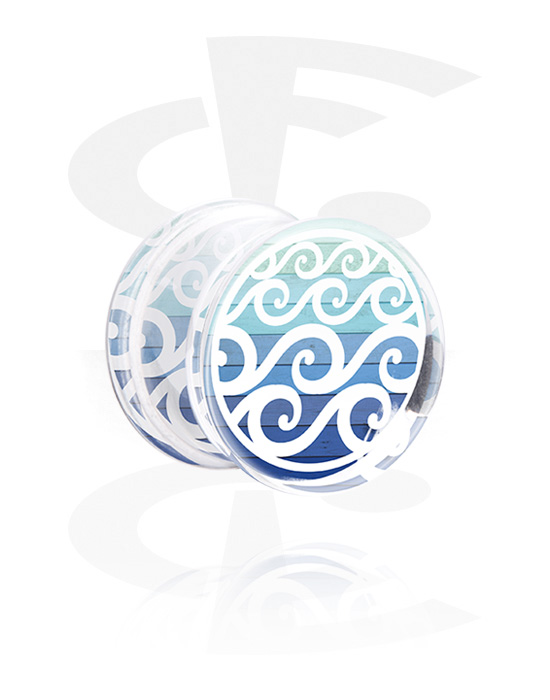 Tunnels & Plugs, Double flared plug (acrylic, clear) with inlay with waves design, Acrylic