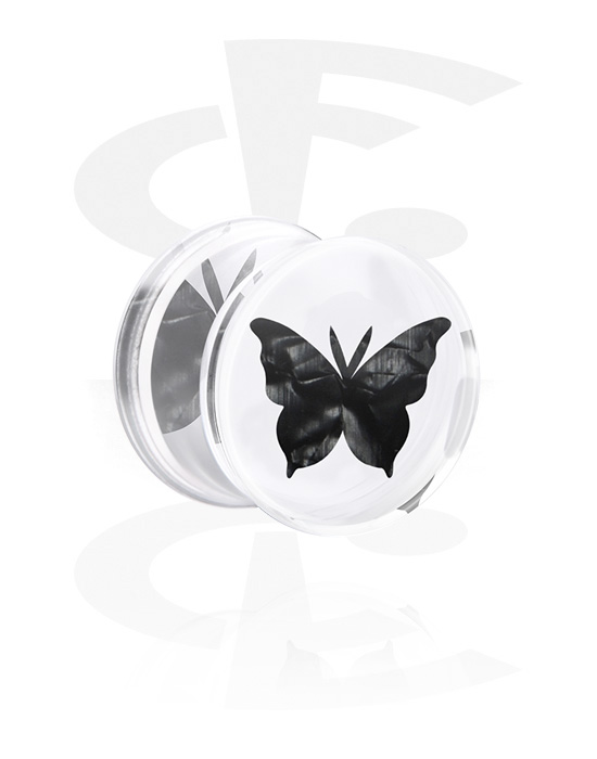 Tunneler & plugger, Double flared plug (acrylic, clear) med inlay with butterfly design in various colours, Acrylic