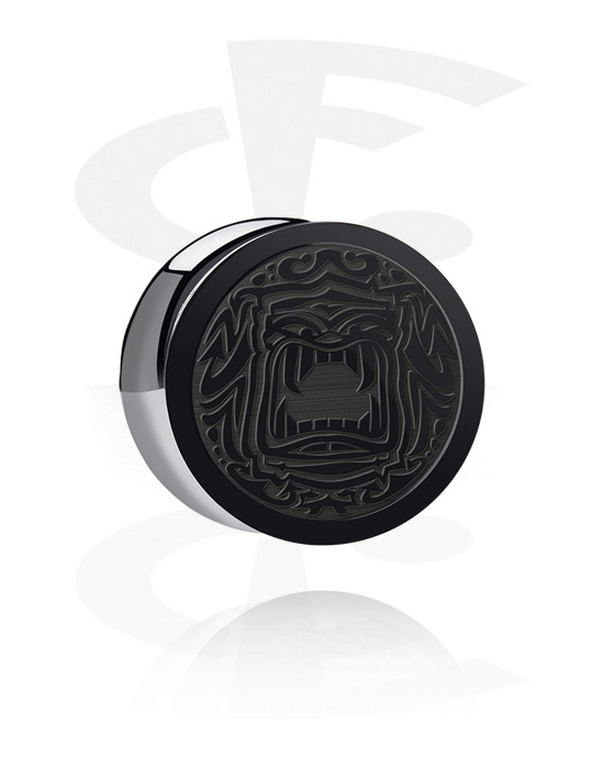 Tunely & plugy, Double flared plug (acrylic, black) s laserovaný motív masky, Akryl