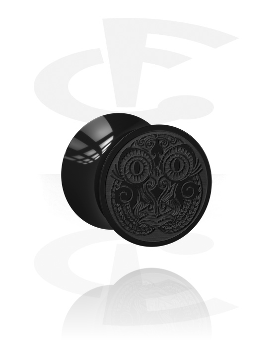 Tunnels & Plugs, Double flared plug (acrylic, black) with lasered design, Acrylic