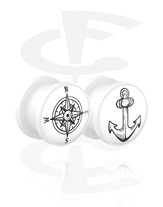 Tunnels & Plugs, Screw-on tunnel (acrylic, white) with motif "anchor and compass", Acrylic