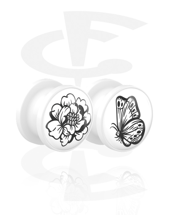 Tunnels & Plugs, 1 pair double flared plugs (acrylic, white) with motif "flower and butterfly", Acrylic