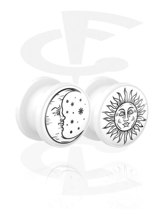 Tunnels & Plugs, 1 pair screw-on tunnels (acrylic, white) with sun and moon design, Acrylic