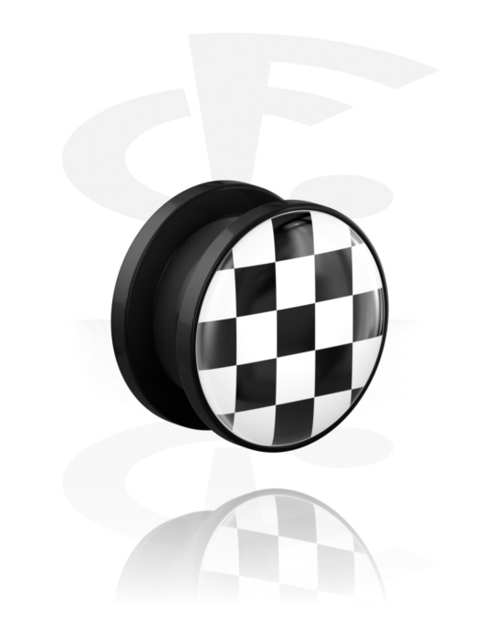 Tunneler & plugger, Screw-on tunnel (acrylic,black) med checkered pattern, Acrylic