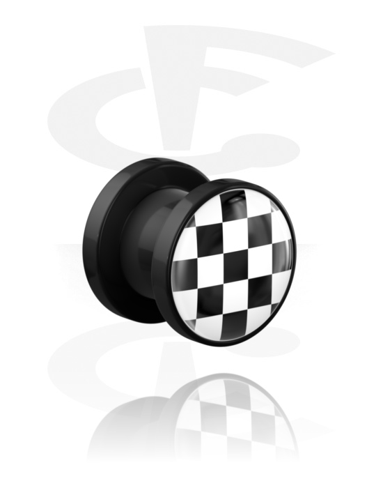 Tunnels & Plugs, Screw-on tunnel (acrylic,black) avec checkered pattern, Acrylique