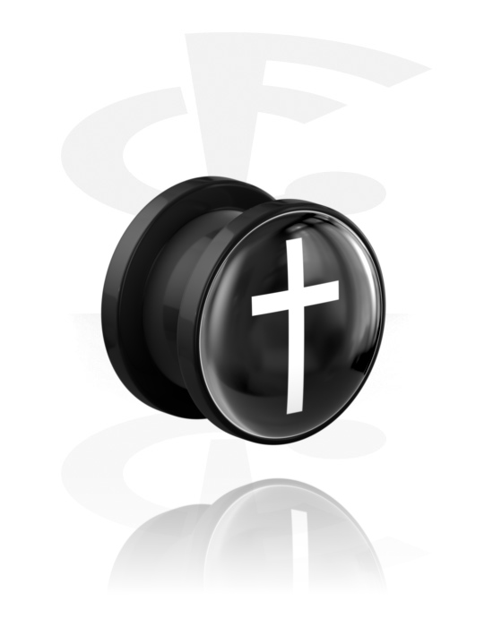Tunneler & plugger, Screw-on tunnel (acrylic,black) med cross design, Acrylic