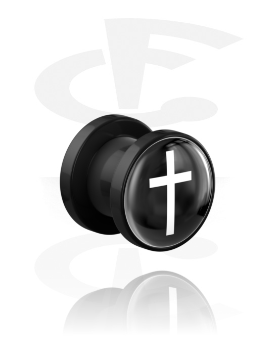 Tunnelit & plugit, Screw-on tunnel (acrylic,black) kanssa cross design, Akryyli
