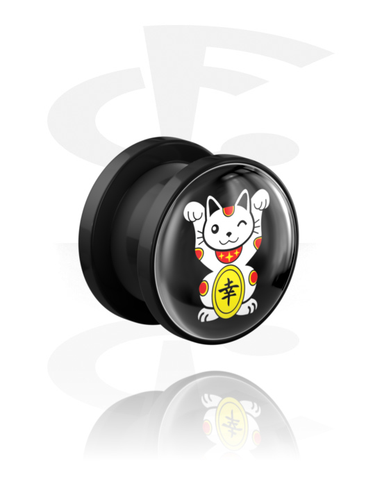 Tunneler & plugger, Screw-on tunnel (acrylic,black) med motif "lucky cat", Acrylic