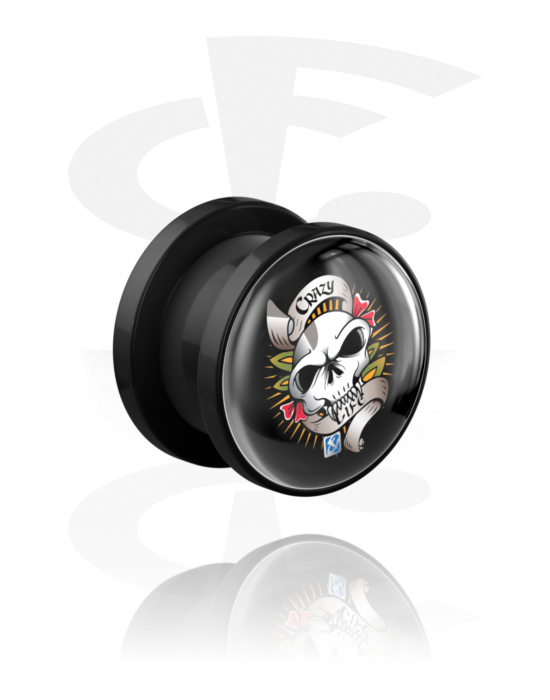 Tunneler & plugger, Screw-on tunnel (acrylic,black) med Skull Design, Acrylic