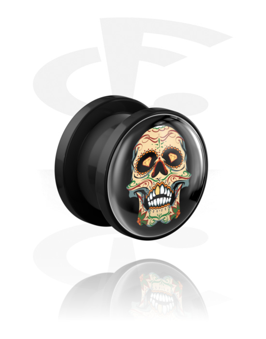 Tunneler & plugger, Screw-on tunnel (acrylic,black) med colourful sugar skull "Dia de Los Muertos" design , Acrylic