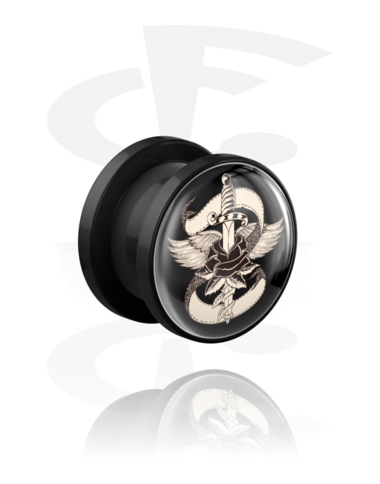 Tunneler & plugger, Screw-on tunnel (acrylic,black) med Rose design, Acrylic