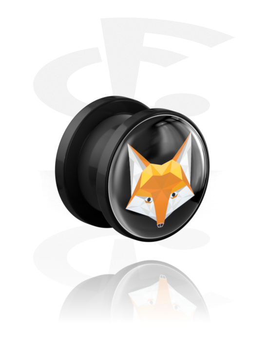 Tunneler & plugger, Screw-on tunnel (acrylic,black) med fox motif, Acrylic
