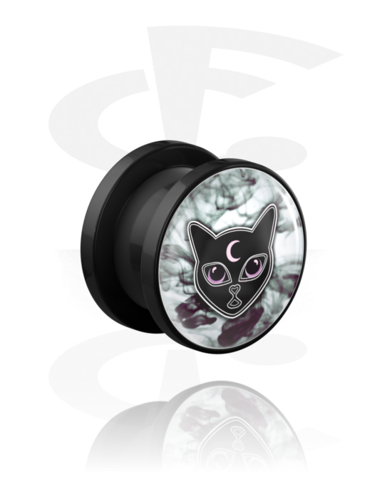 Tunneler & plugger, Screw-on tunnel (acrylic,black) med cat design, Acrylic