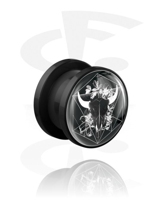 Tunely & plugy, Screw-on tunnel (acrylic,black) s ram skull design, Akryl