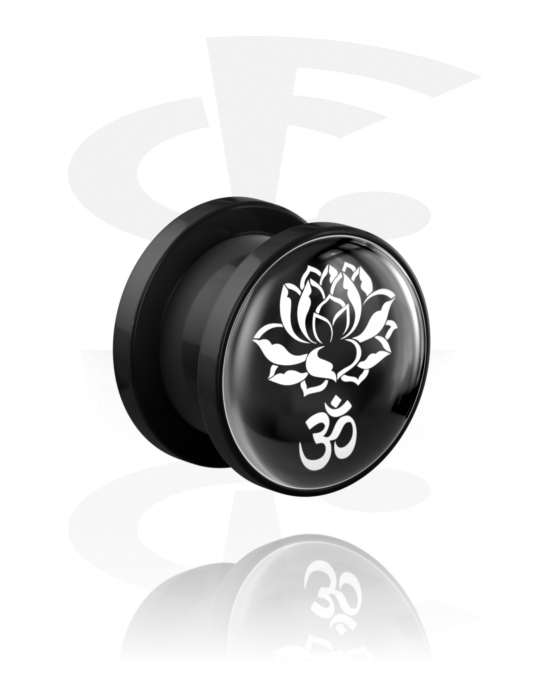 Tunnels & Plugs, Screw-on tunnel (acrylic, black) with lotus flower design and "Om" sign, Acrylic