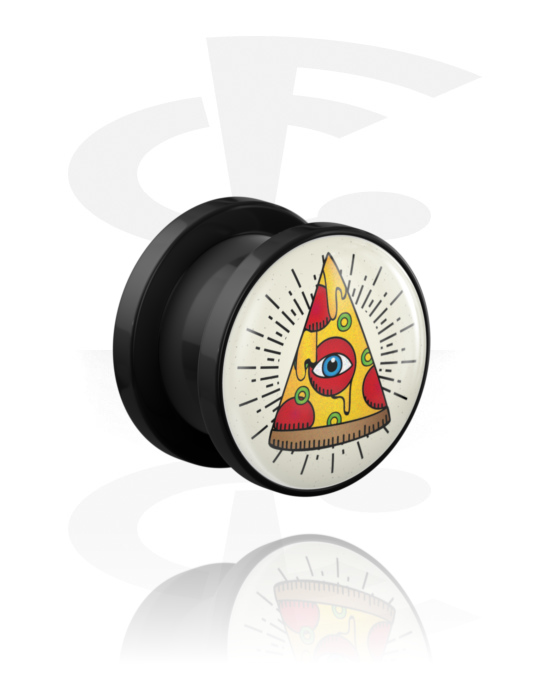 Tunnels & Plugs, Screw-on tunnel (acrylic,black) avec pizza slice motif, Acrylique