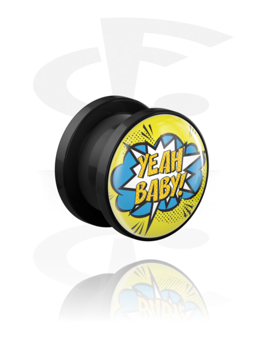 Tunely & plugy, Screw-on tunnel (acrylic,black) s "Yeah baby" lettering, Akryl