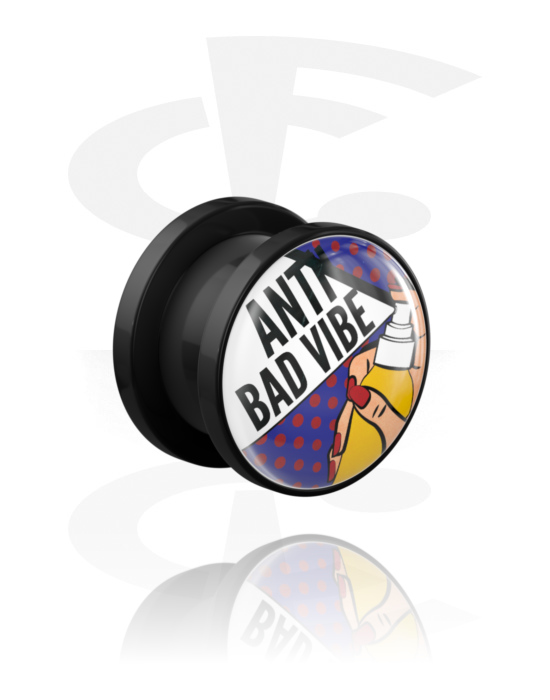 Tunely & plugy, Screw-on tunnel (acrylic,black) s "Anti bad vibe" lettering, Akryl