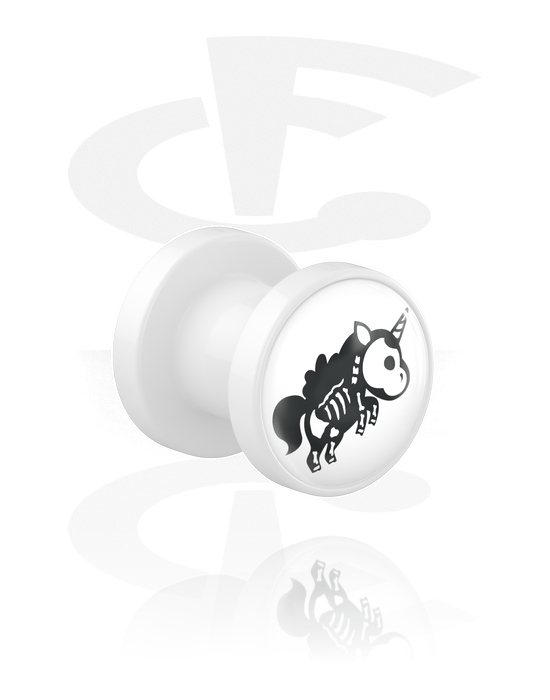 Tunnels & Plugs, Screw-on tunnel (acrylic, white) with motif "skeleton unicorn", Acrylic