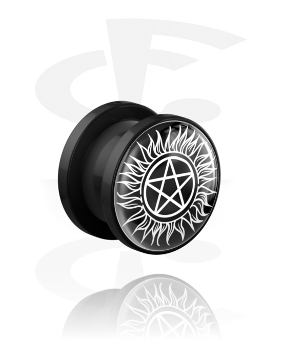 Tunnels & Plugs, Screw-on tunnel (acrylic,black) avec pentagram design, Acrylique