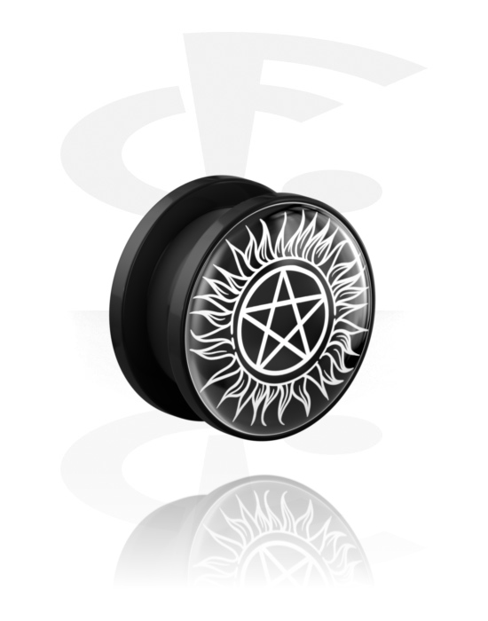 Tunneler & plugger, Screw-on tunnel (acrylic,black) med pentagram design, Acrylic